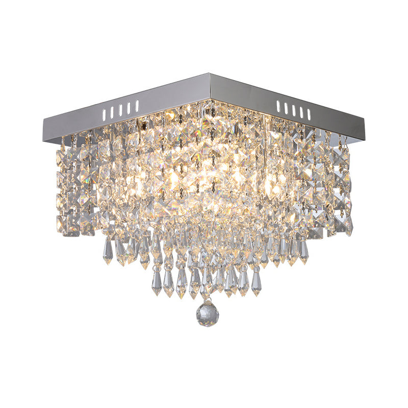 Square Corridor Ceiling Fixture Contemporary Crystal Beads 2/4 Heads Clear Flush Mount Lighting, 10"/12" Width