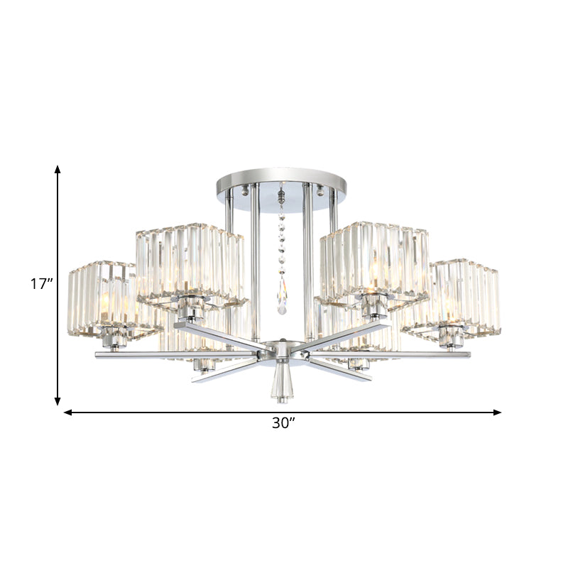 6/8 Bulbs Semi Flush Chandelier with Radial Design Modern Clear Crystal Cubic Shade Ceiling Lighting