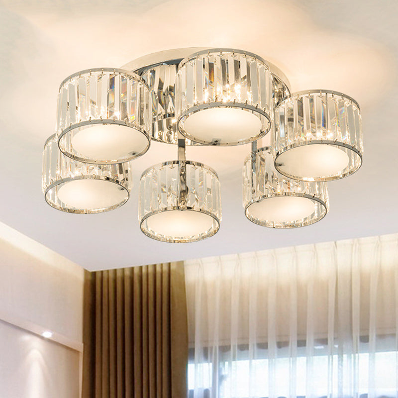 Moderne trommelschaduw plafond gemonteerd armatuur 5/6 hoofden helder kristal spoelmontage lamp voor woonkamer