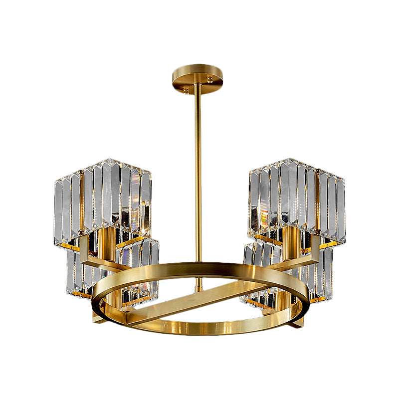 4/6 Bulbs Ring Frame Semi Flush Chandelier Modern Clear Crystal Cubic Shade Flush Mount Lighting in Gold