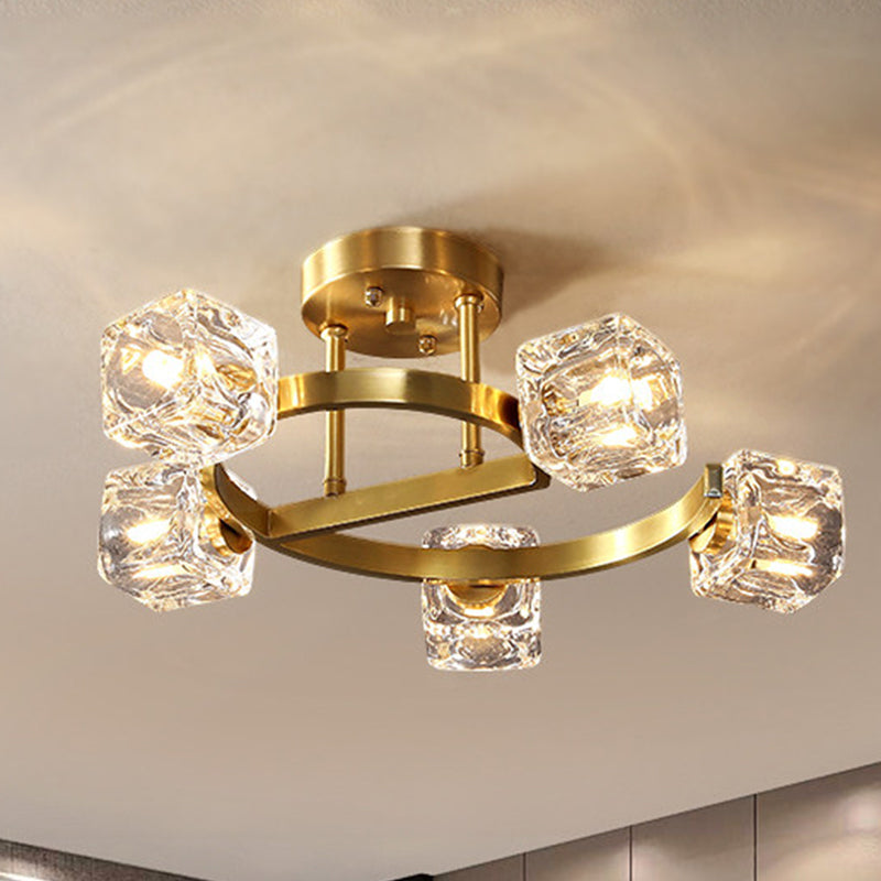 Cubic Clear Crystal Shade Deckenleuchte Contemporary 5/7 Heads Bedkammer Semi Flush Light in Gold