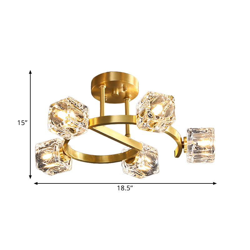 Cubic Clear Crystal Shade Deckenleuchte Contemporary 5/7 Heads Bedkammer Semi Flush Light in Gold