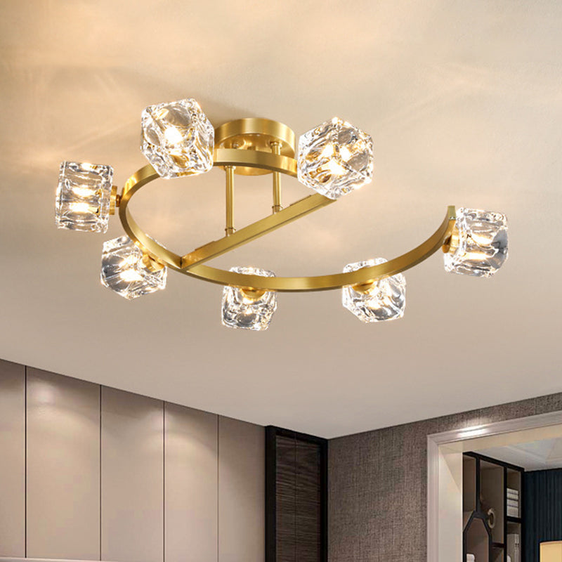 Cubic Clear Crystal Shade Deckenleuchte Contemporary 5/7 Heads Bedkammer Semi Flush Light in Gold