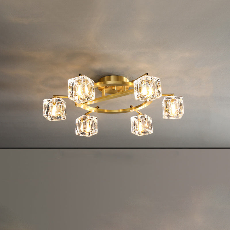 Gold Ring Semi-Flush Mount Modern Clear Crystal Cube Shade 6/8 Bulbs Great Room Ceiling Mounted Light