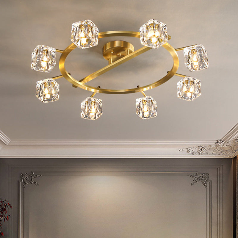 Gold Ring Semi-Flush Mount Modern Clear Crystal Cube Shade 6/8 Bulbs Great Room Ceiling Mounted Light