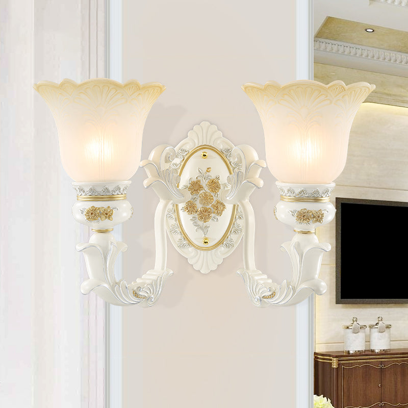 Flared Pattern Glass Sconce Lighting Antiqued 1/2-Light Dining Room Wall Mount Light Fixture in White