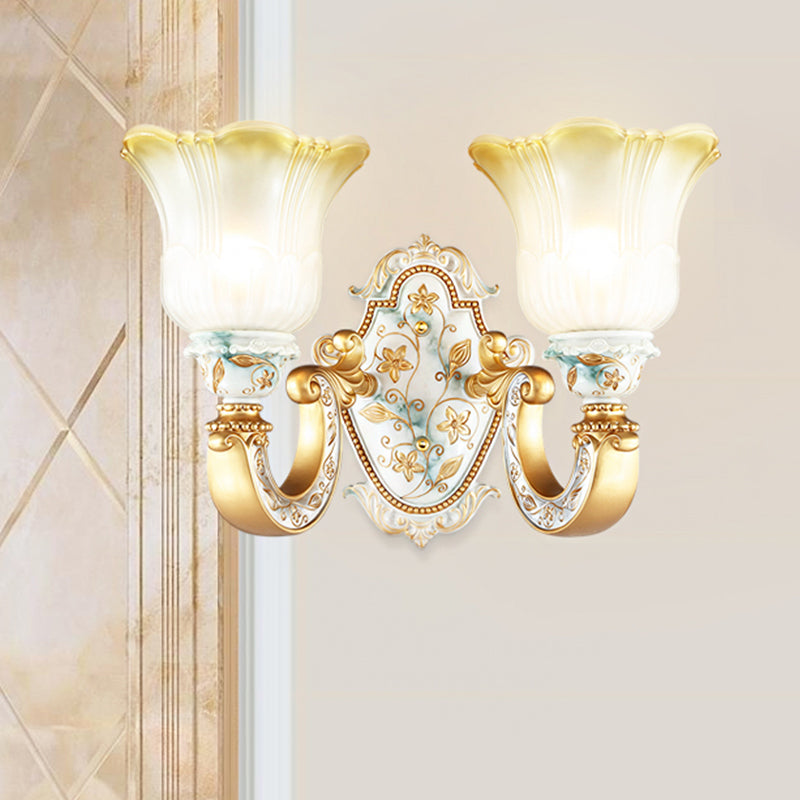 Traditional Flower Wall Mount Lamp 1/2-Head Fading Amber and White Glass Sconce in Gold