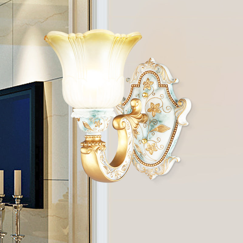 Traditional Flower Wall Mount Lamp 1/2-Head Fading Amber and White Glass Sconce in Gold
