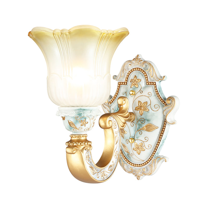 Traditional Flower Wall Mount Lamp 1/2-Head Fading Amber and White Glass Sconce in Gold