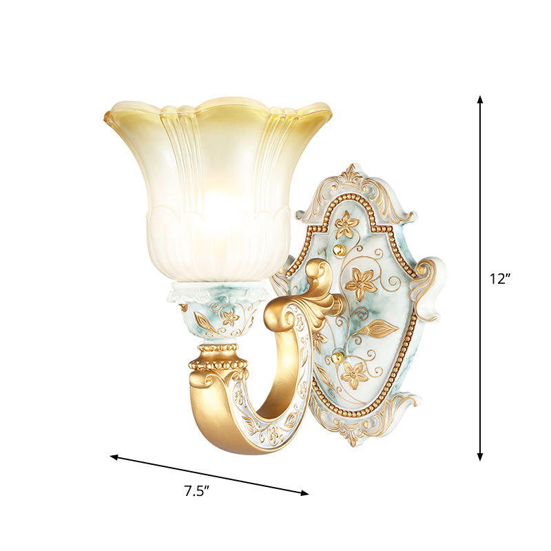 Traditional Flower Wall Mount Lamp 1/2-Head Fading Amber and White Glass Sconce in Gold