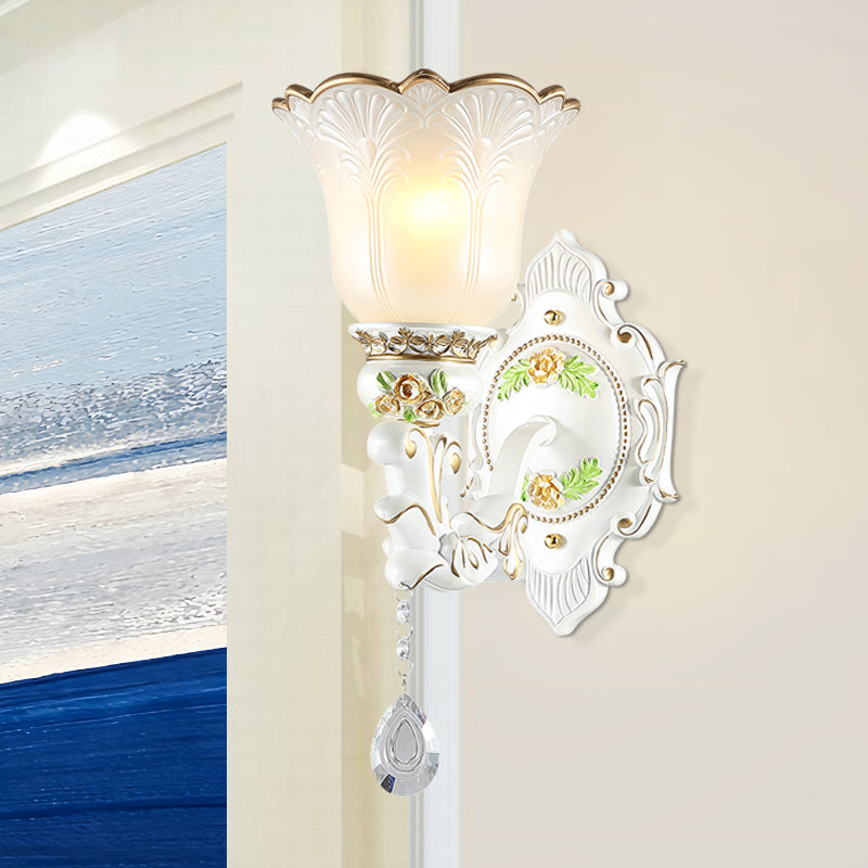 1/2-Light Bellflower Wall Light Sconce Vintage White Glass Wall Mount Fixture with Crystal Drop