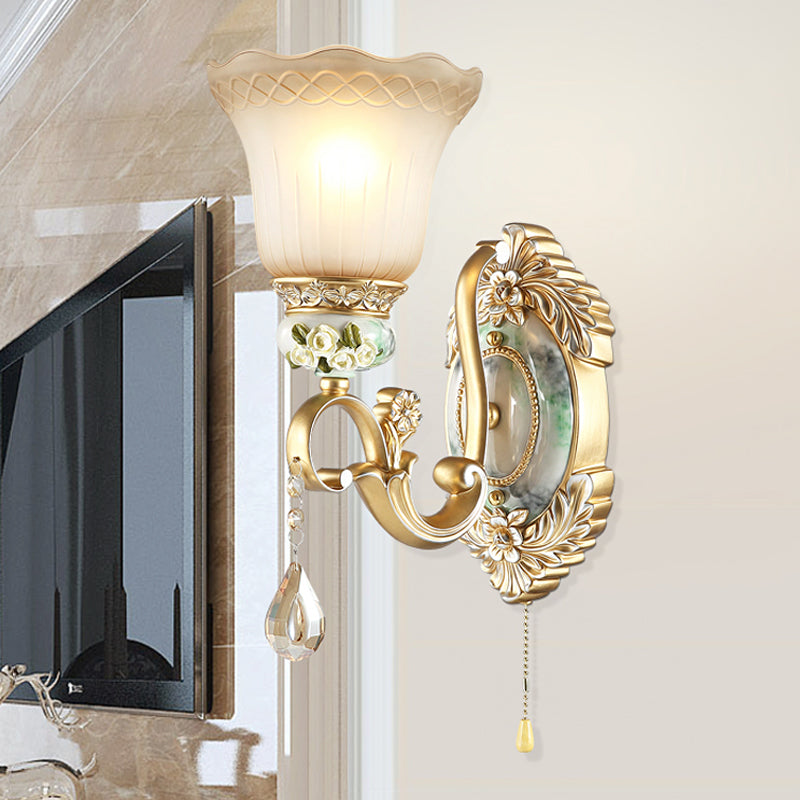 Wave-Trimmed Bell Opal Glass Wall Lamp Traditional 1/2-Head Living Room Sconce with Carved Rose Detail in Gold