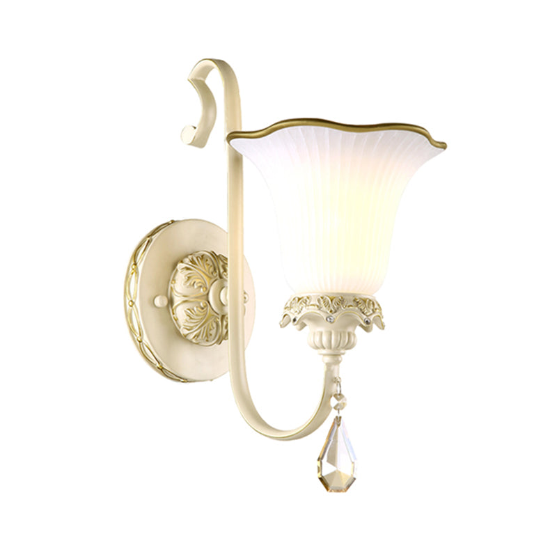 Single-Bulb Wall Sconce Lighting Antiqued Morning Glory Opaline Glass Wall Light in White