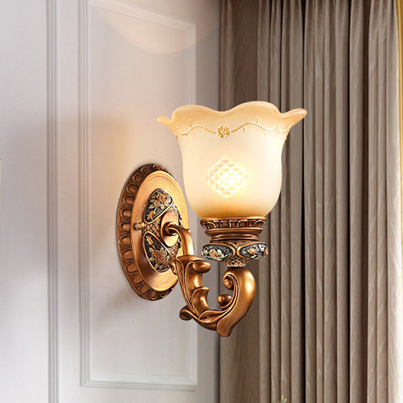 Scalloped-Edge Bedroom Wall Light Kit Traditional Cream Glass 1-Light Brass Wall Sconce