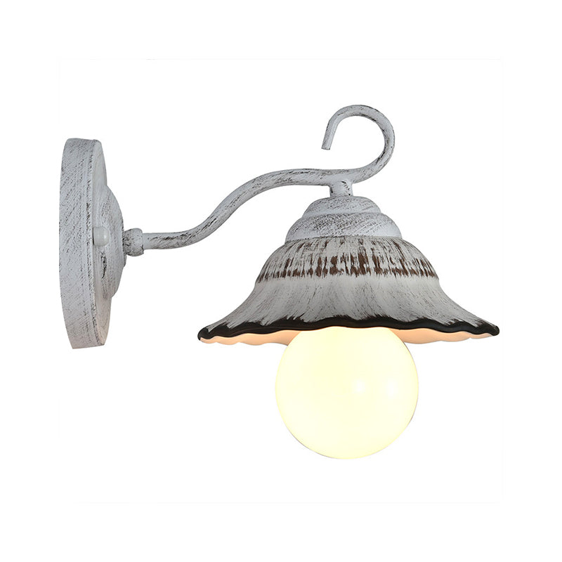 Ceramic Distressed White Sconce Light Wide Flare Shade Single Countryside Wall Mount Light