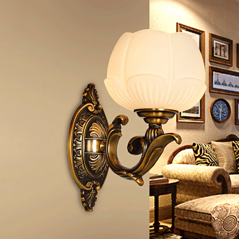Flower Bud Milk Glass Wall Lamp Antiqued 1-Head Bedroom Wall Light Sconce in Brass