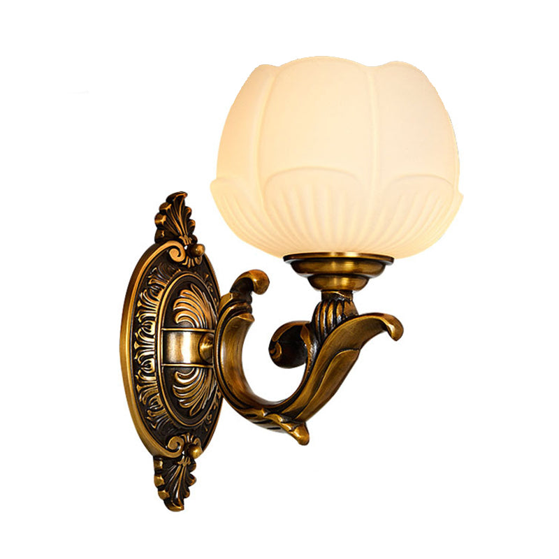 Flower Bud Milk Glass Wall Lamp Antiqued 1-Head Bedroom Wall Light Sconce in Brass