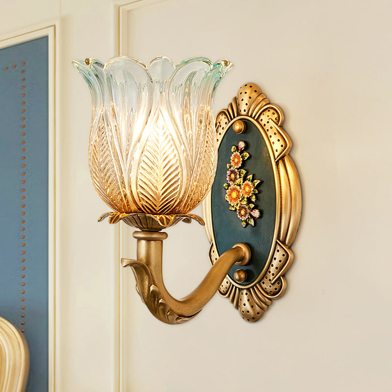 Retro Semi-Open Flower Wall Lighting 1/2-Light Carved Glass Sconce Light Fixture in Gold