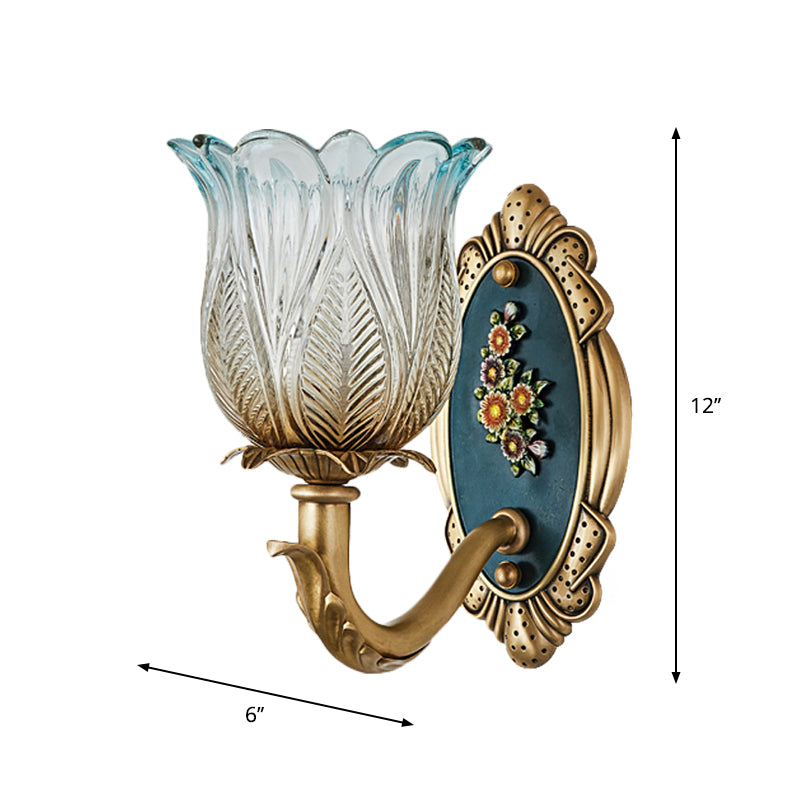 Retro Semi-Open Flower Wall Lighting 1/2-Light Carved Glass Sconce Light Fixture in Gold