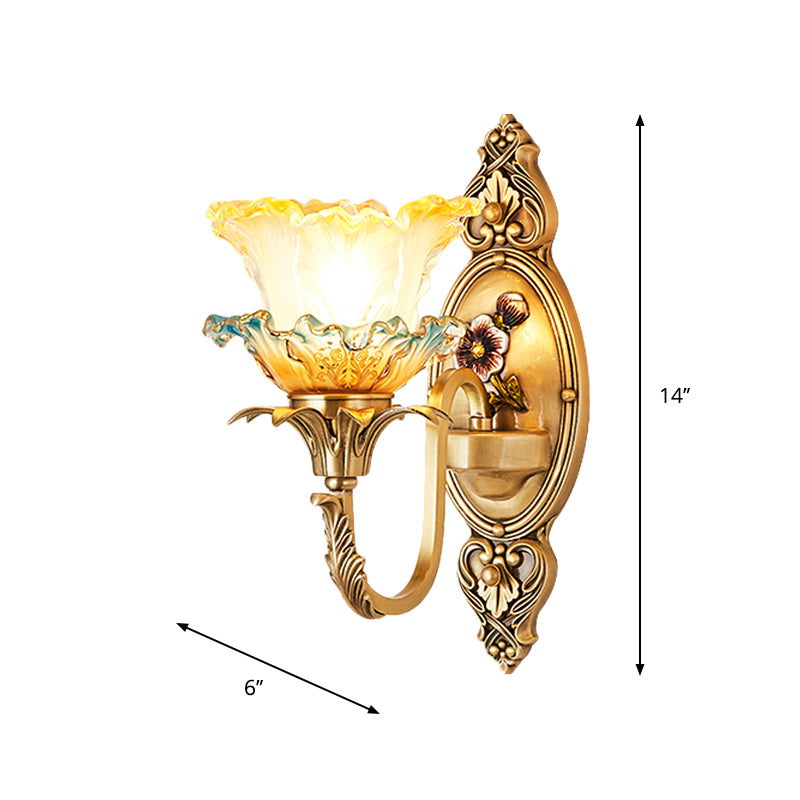1/2-Head 2-Layer Ruffle Wall Light Traditional Brass Frosted Glass Wall Mount Lighting Fixture