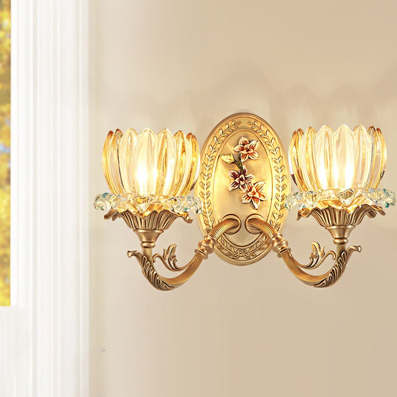 Antique Flower Wall Lamp 2 Lights Clear Ribbed Glass Sconce Lighting Fixture in Gold