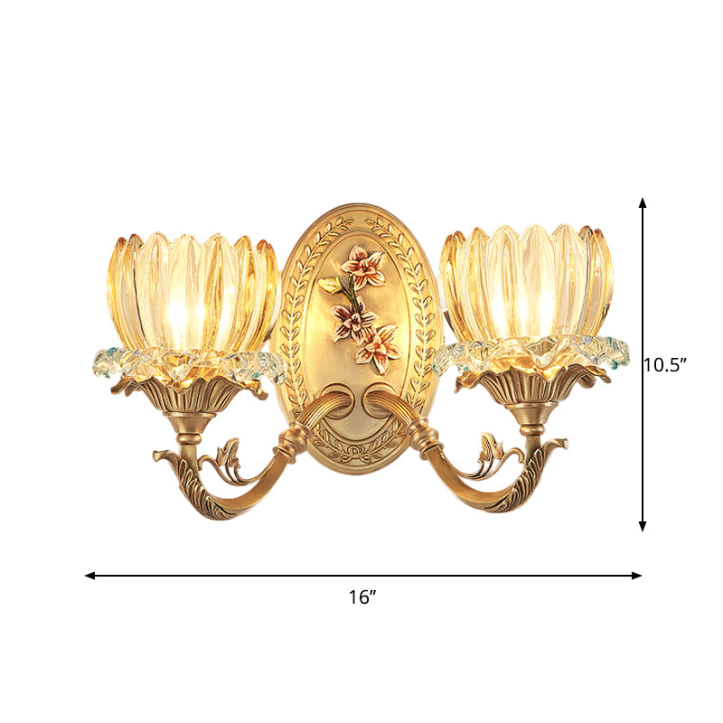 Antique Flower Wall Lamp 2 Lights Clear Ribbed Glass Sconce Lighting Fixture in Gold