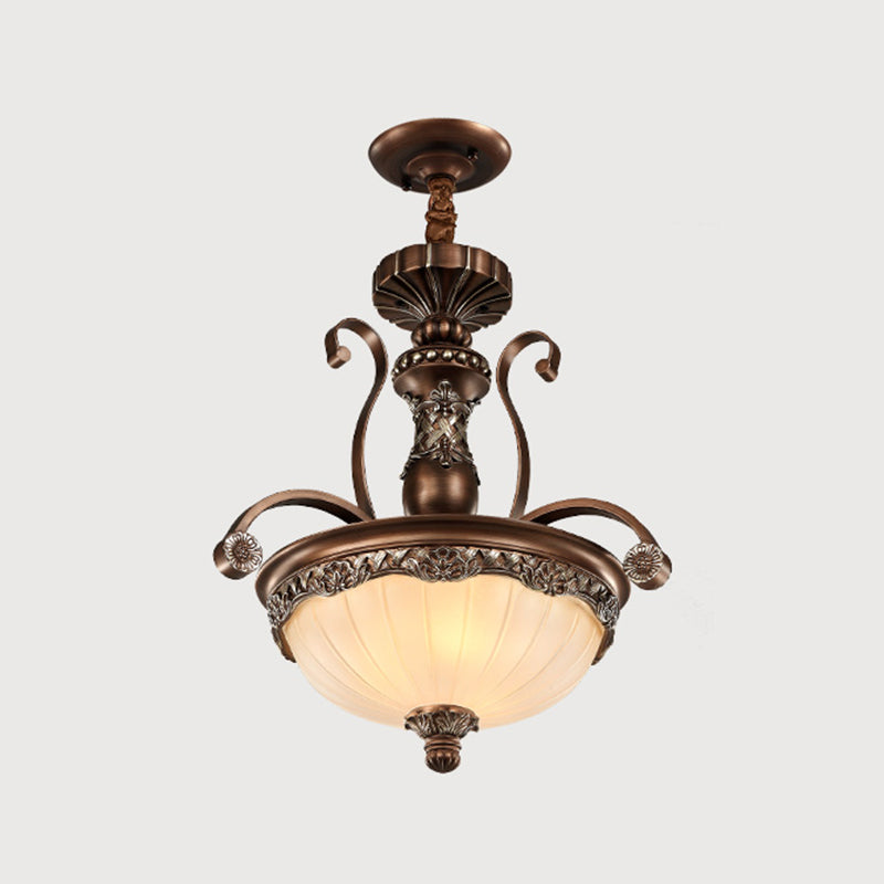 White Ribbed Glass Bowl Shade Pendant Traditional 3 Lights Dining Room Down Lighting in Bronze