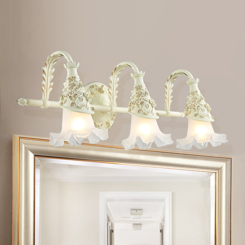 Ruffled Bath Vanity Wall Sconce Antique Frosted Glass 1/2/3-Bulb White Wall Mount Light Fixture