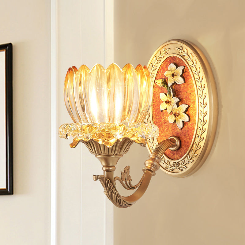 Clear Ribbed Glass Lotus Wall Light Kit Antique 1/2-Light Living Room Sconce in Gold