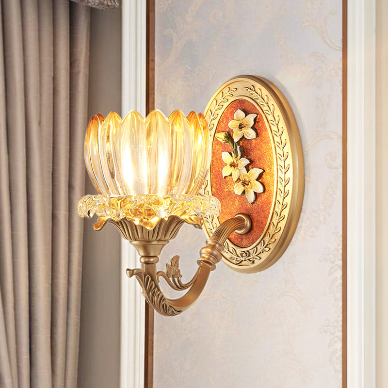 Clear Ribbed Glass Lotus Wall Light Kit Antique 1/2-Light Living Room Sconce in Gold