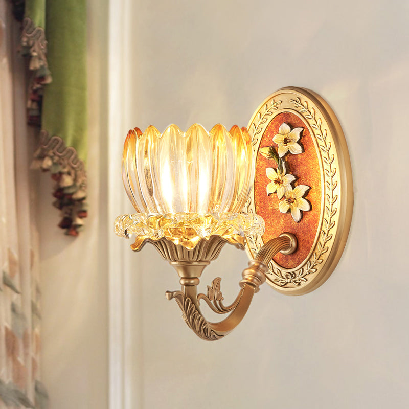 Clear Ribbed Glass Lotus Wall Light Kit Antique 1/2-Light Living Room Sconce in Gold
