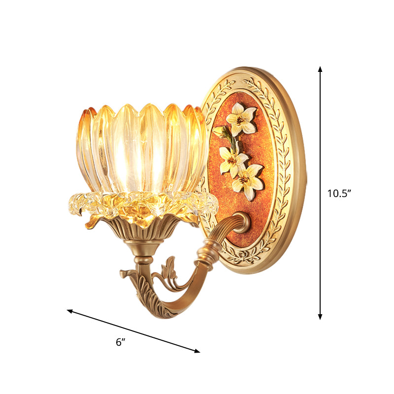 Clear Ribbed Glass Lotus Wall Light Kit Antique 1/2-Light Living Room Sconce in Gold