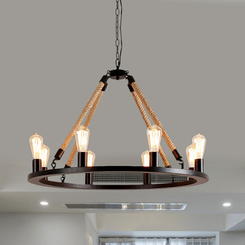 Metallic Circular Hanging Lamp with Exposed Bulb and Rope Vintage 6/8 Lights Dining Room Suspension Light in Brown