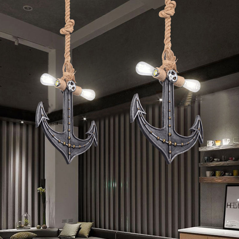 Nautical Anchor Hanging Pendant Metal 2 Bulbs Hanging Light in Gray for Bedroom Lighting