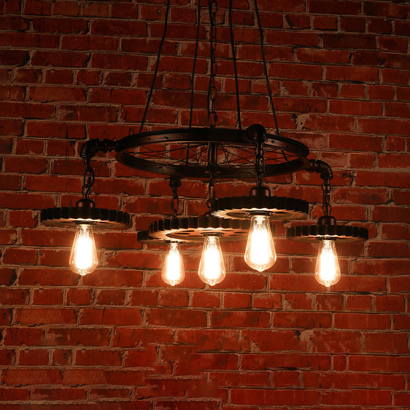 3/5/7 Heads Exposed Bulb Chandelier Light with Gear Deco Farmhouse Style Rust Metallic Ceiling Lamp for Bar