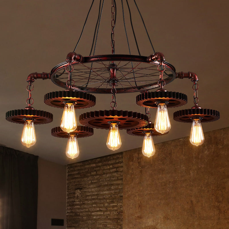 3/5/7 Heads Exposed Bulb Chandelier Light with Gear Deco Farmhouse Style Rust Metallic Ceiling Lamp for Bar
