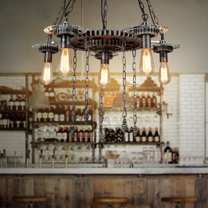 Aged Silver Gear Design Ceiling Lamp Vintage Industrial Metal 6 Heads Restaurant Hanging Lamp