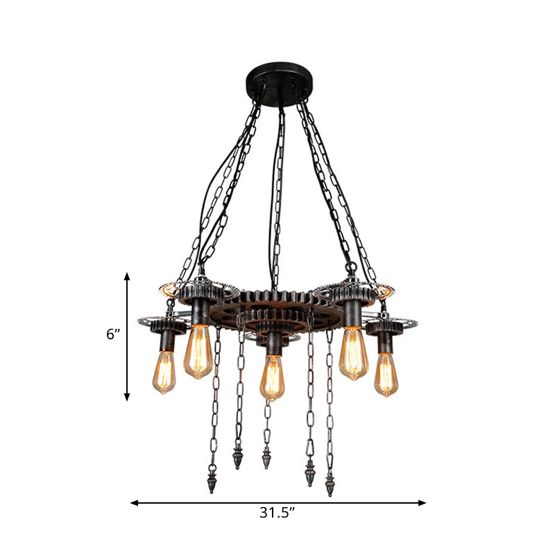 Aged Silver Gear Design Ceiling Lamp Vintage Industrial Metal 6 Heads Restaurant Hanging Lamp