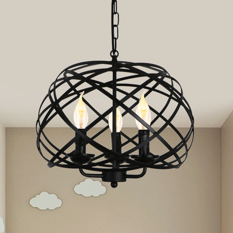 Industrial Geometric Ceiling Light with Cage Shade 3 Bulbs Metal Chandelier Lamp in Black for Kitchen