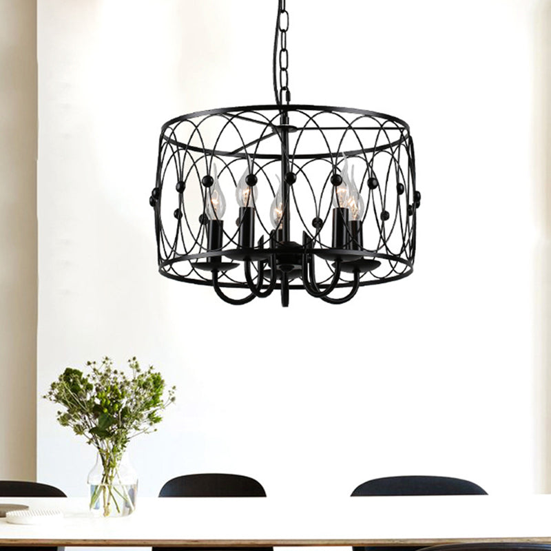 Black Finish Drum Hanging Light with Cage Shade Vintage Style Metal 6 Heads Dining Room Chandelier Lamp