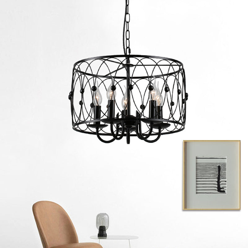 Black Finish Drum Hanging Light with Cage Shade Vintage Style Metal 6 Heads Dining Room Chandelier Lamp