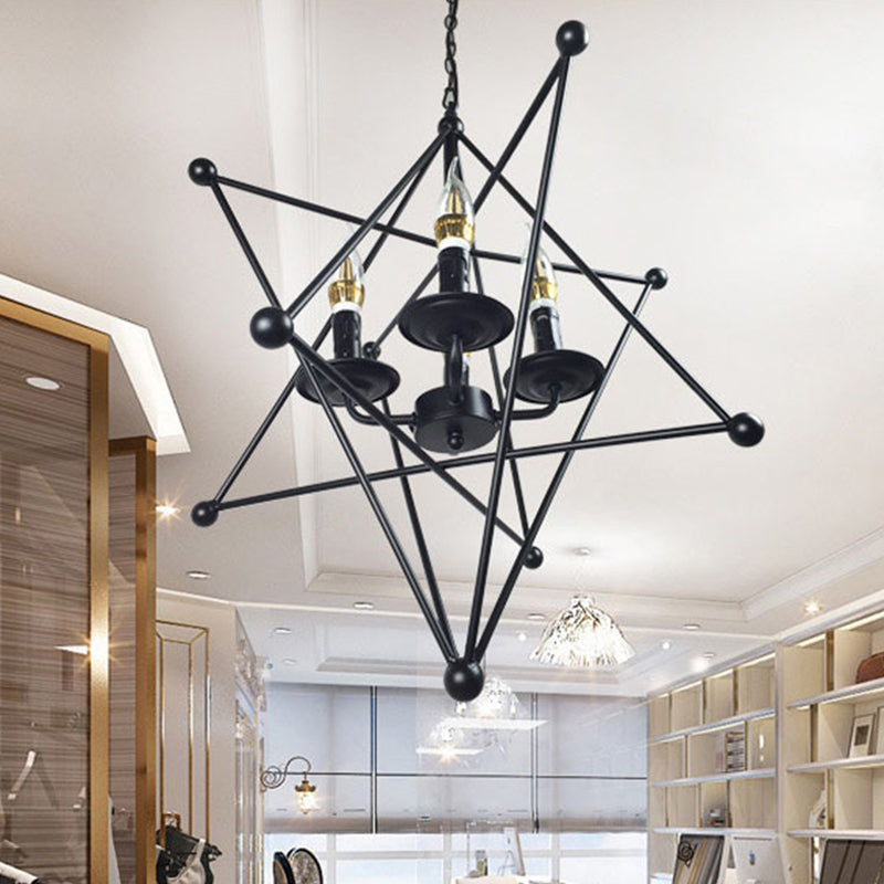 Black Star Cage Chandelier Pendant Light with Candle Retro Style Iron 4 Heads Dining Room Ceiling Light