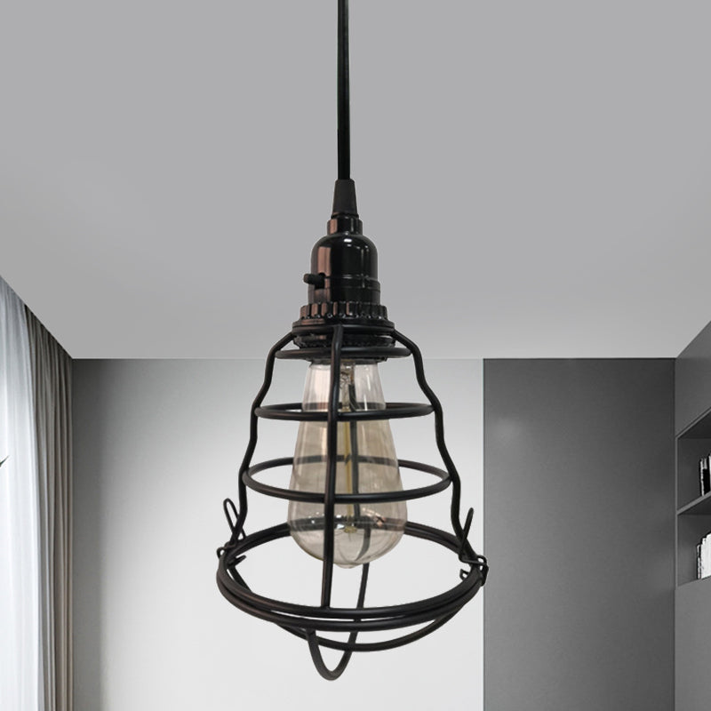 Bulb Shaped Cage Corridor Pendant Lamp Industrial Metallic One Light Black Hanging Light with Plug In Cord