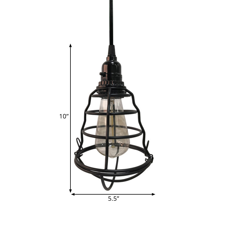 Bulb Shaped Cage Corridor Pendant Lamp Industrial Metallic One Light Black Hanging Light with Plug In Cord