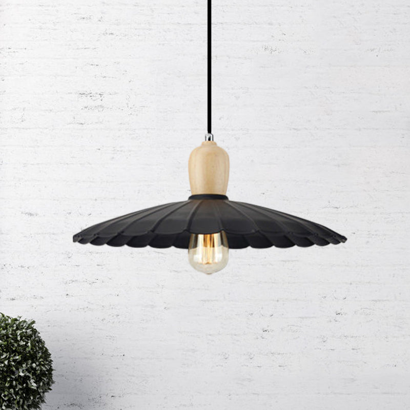 1 Light Scalloped Edge Hanging Lamp Vintage Stylish Black/White/Black Outer and White Inner Metal Pendant Light for Dining Table, 9"/14"/16" Diameter