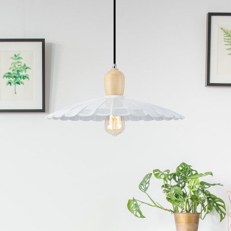 1 Light Scalloped Edge Hanging Lamp Vintage Stylish Black/White/Black Outer and White Inner Metal Pendant Light for Dining Table, 9"/14"/16" Diameter