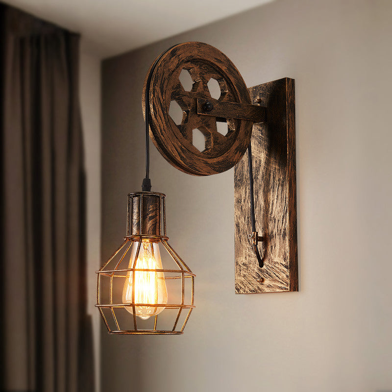 Metal Orb Grid Cage Wall Light with Pulley Deco 1 Light Antique Wall Sconce in Bronze for Bar