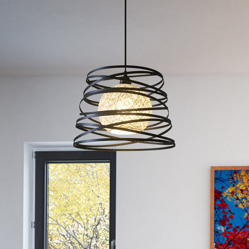 Swirl Conic Sala da pranzo Affermazione Light Industrial Metal Industrial 1 Testa Bianca/Black Hanging Lampada con telaio di filo