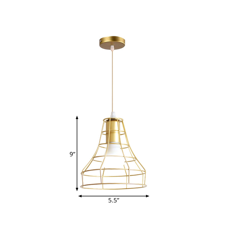 Gold Wire Cage Pendant Light 1 Head Retro Industrial Iron Hanging Lamp with Shade for Coffee Shop