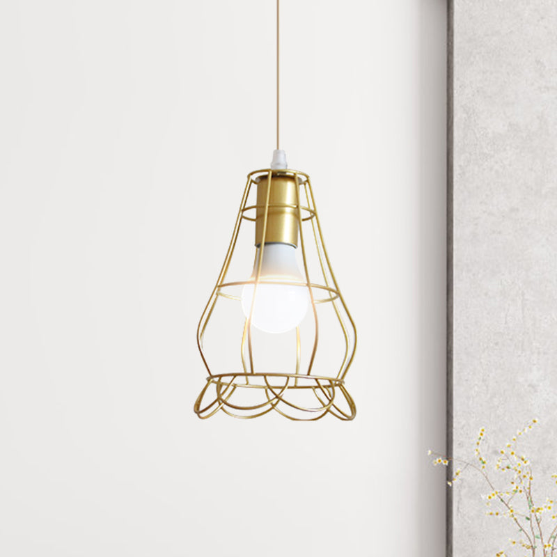 Gold Wire Cage Pendant Light 1 Head Retro Industrial Iron Hanging Lamp with Shade for Coffee Shop